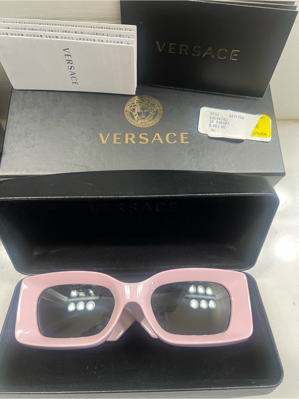 Versace Pink Rectangular Women's Sunglasses with Dark Lenses
